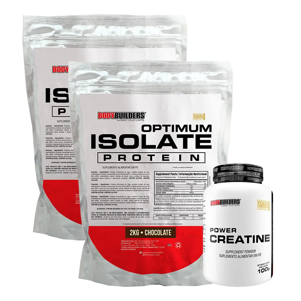 Kit 2x Optimum Isolate Whey Protein 2kg + Power Creatina 100g Sabor Chocolate - Bodybuilders
