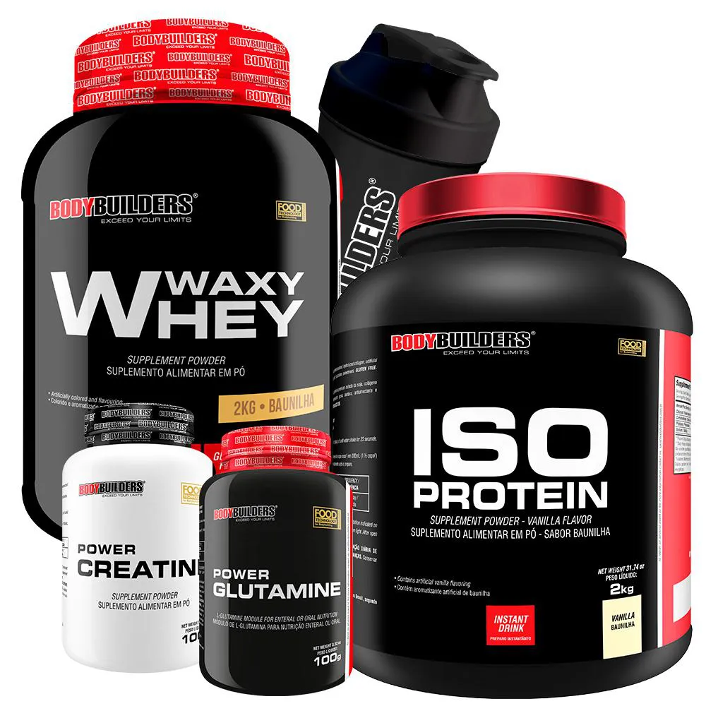 Kit Waxy Whey 2kg + Iso Protein 2kg+ Power Creatina 100g + Power Glutamina 100g + Coqueteleira Sabor: Baunilha - Bodybuilders