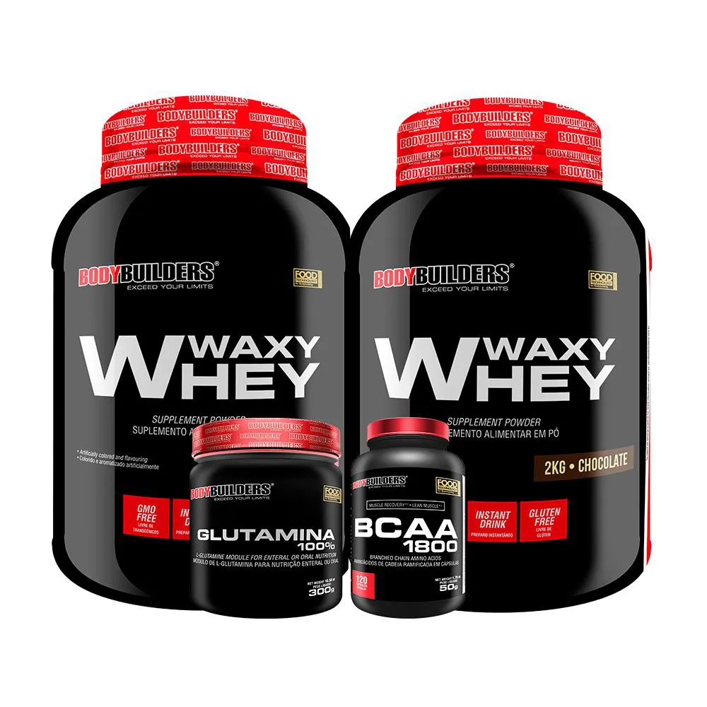 Kit 2x Whey Protein Waxy Whey 2kg + Glutamina 300g + Bcaa 1800 120 cápsulas - Bodybuilders Chocolate