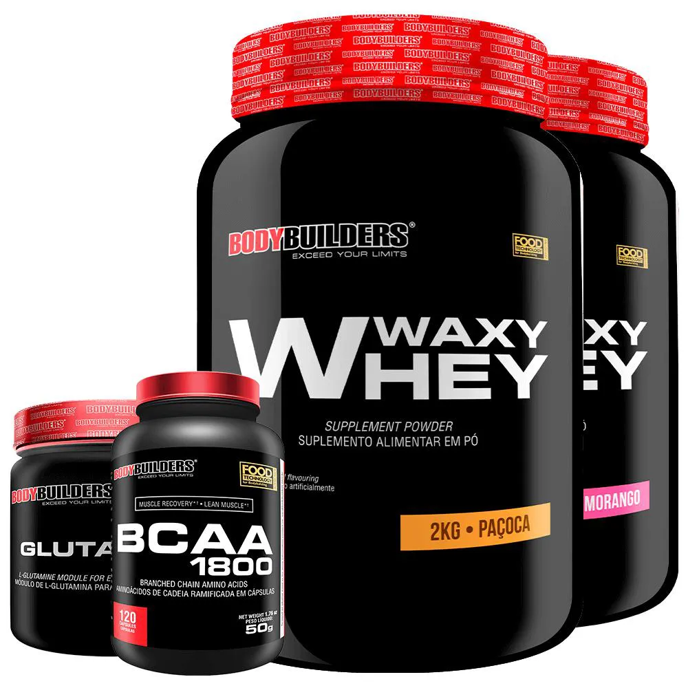 Kit 2x Whey Protein Waxy Whey 2kg + Glutamina 300g + Bcaa 1800 120 cápsulas - Bodybuilders Morango e Paçoca