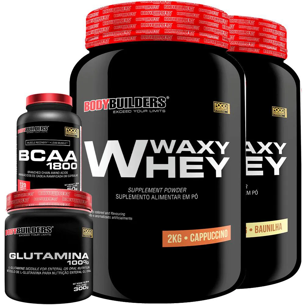 Kit 2x Whey Protein Waxy Whey 2kg + Glutamina 300g + Bcaa 1800 120 cápsulas - Bodybuilders Baunilha e Cappuccino