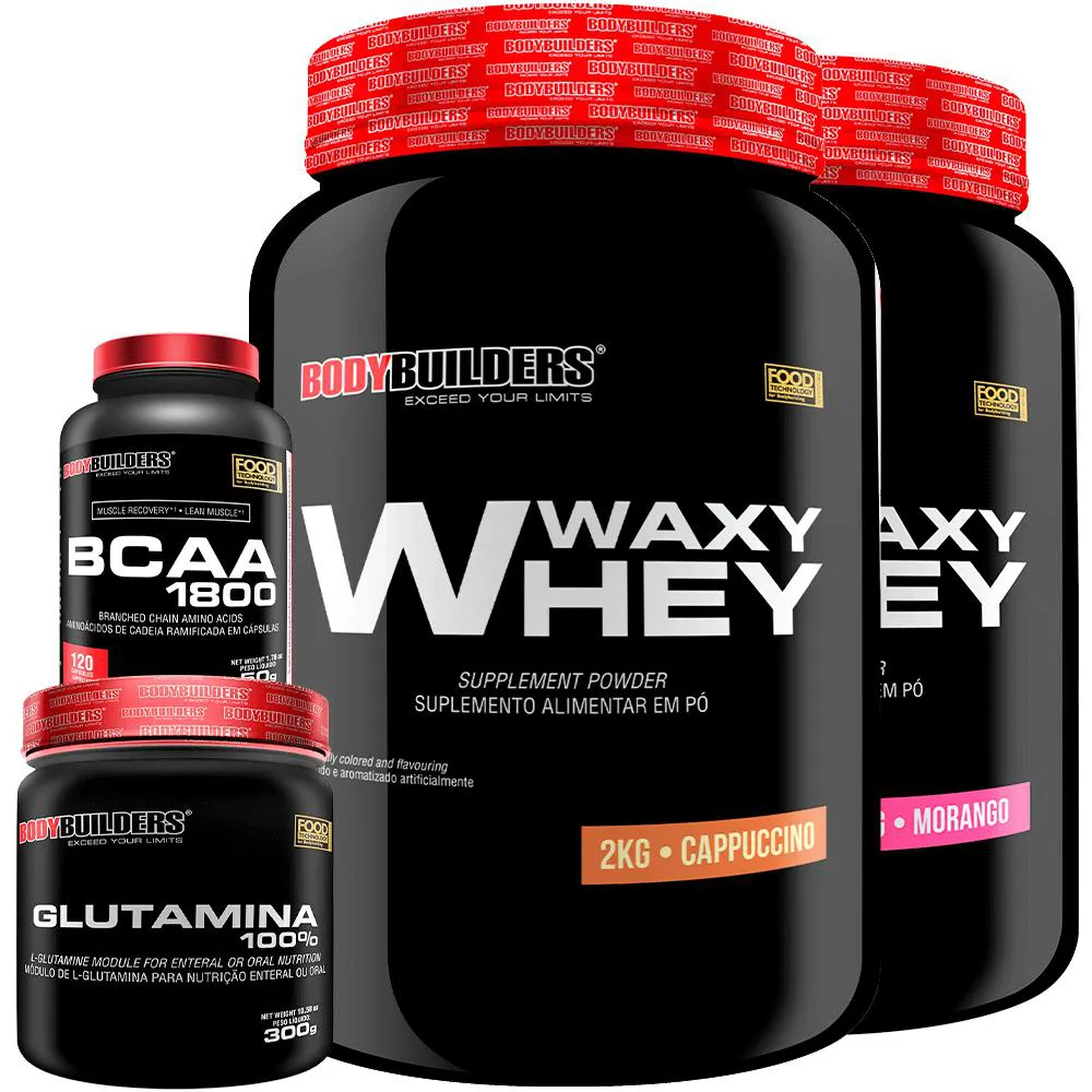 Kit 2x Whey Protein Waxy Whey 2kg + Glutamina 300g + Bcaa 1800 120 cápsulas - Bodybuilders Morango e Cappuccino