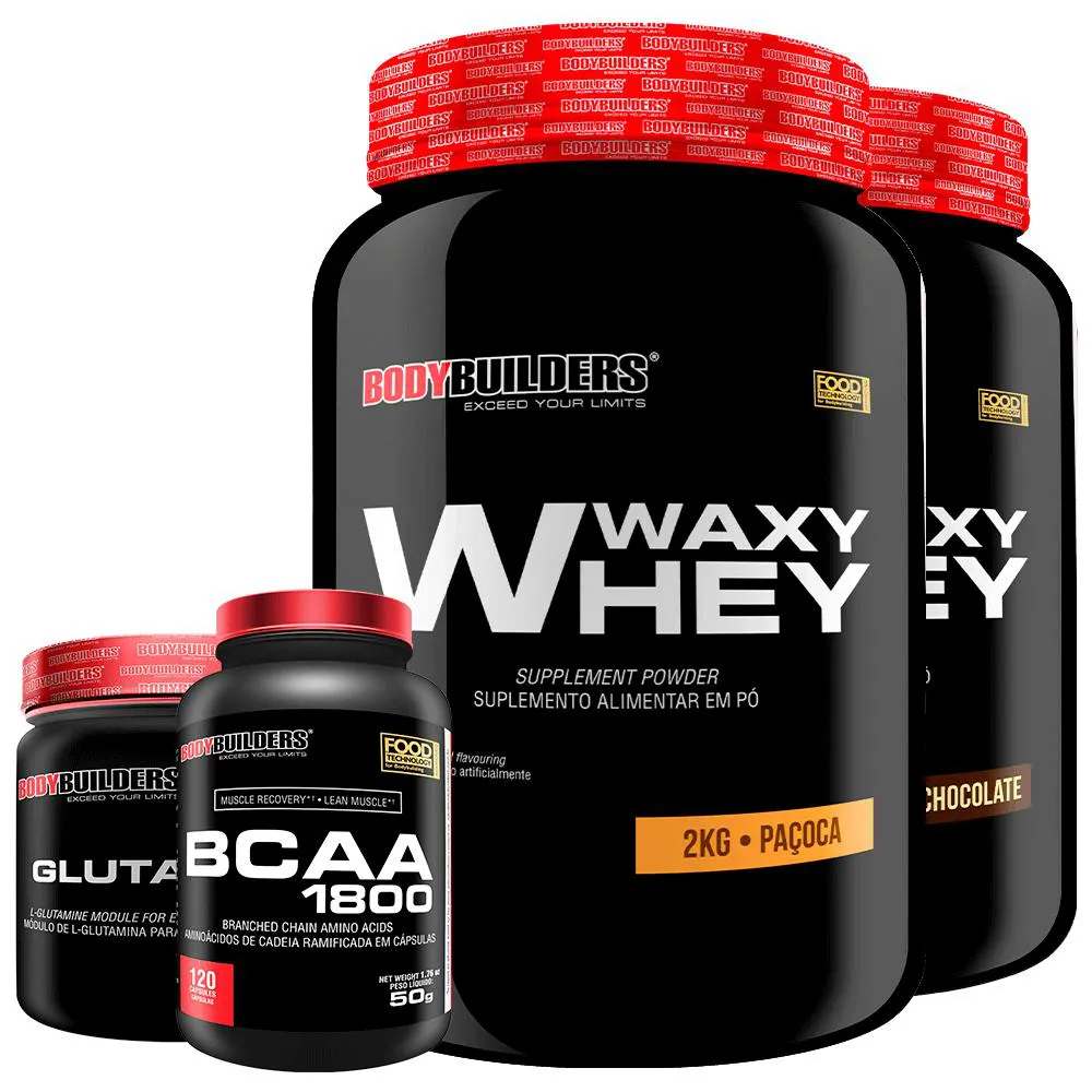 Kit 2x Whey Protein Waxy Whey 2kg + Glutamina 300g + Bcaa 1800 120 cápsulas - Bodybuilders Chocolate e Paçoca
