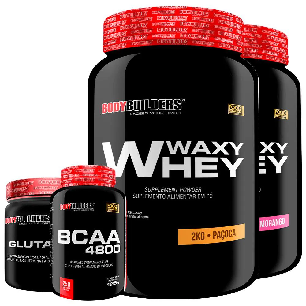 Kit 2x Whey Protein Waxy Whey 2kg + Glutamina 500g + Bcaa 4800 250 cápsulas - Bodybuilders Morango e Paçoca