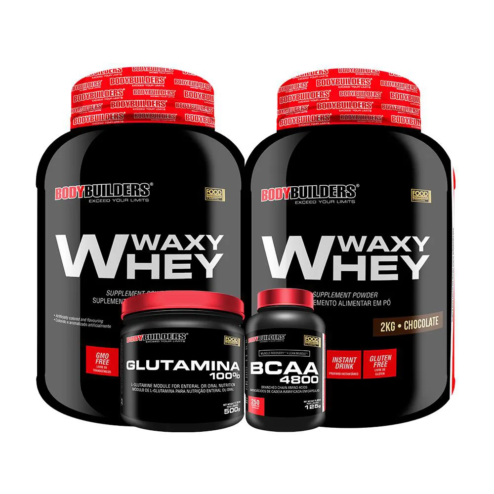Kit 2x Whey Protein Waxy Whey 2kg + Glutamina 500g + Bcaa 4800 250 cápsulas - Bodybuilders Cappuccino e Baunilha