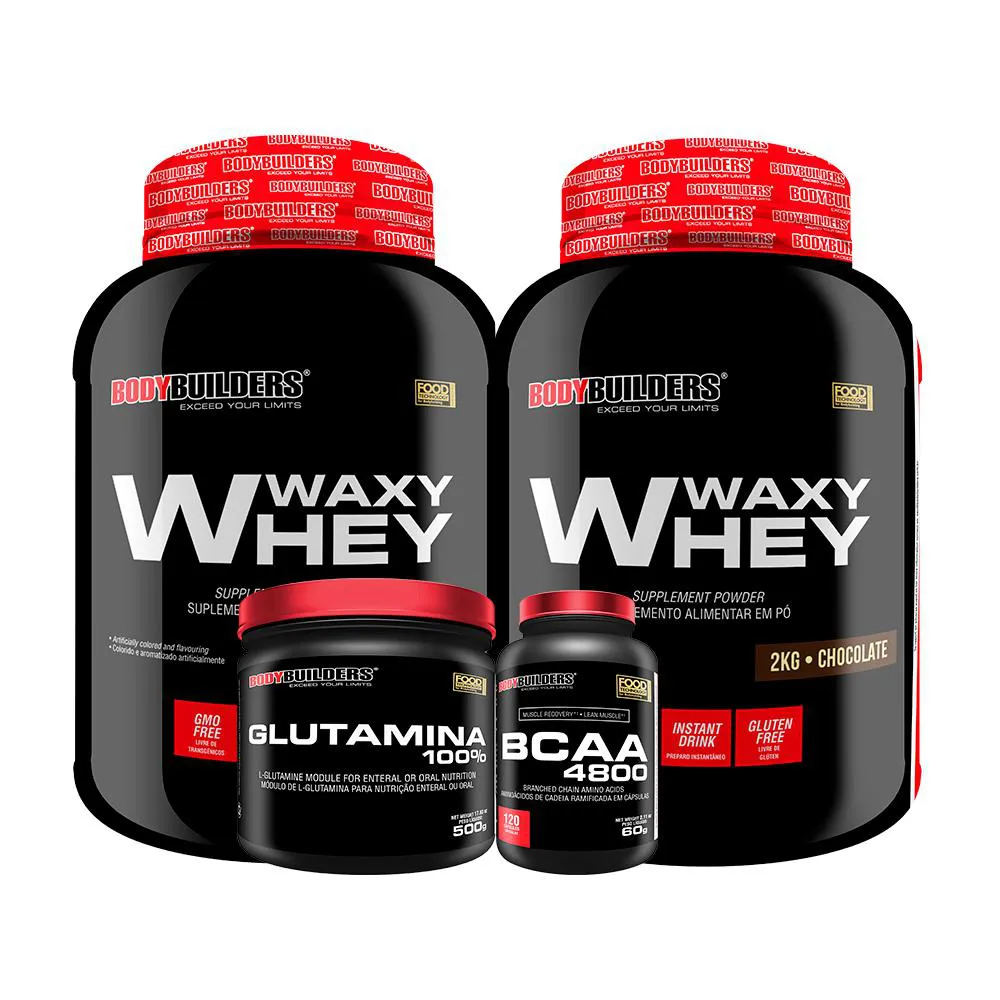 Kit 2x Whey Protein Waxy Whey 2kg + Glutamina 500g + Bcaa 4800 120 cápsulas - Bodybuilders Cappuccino