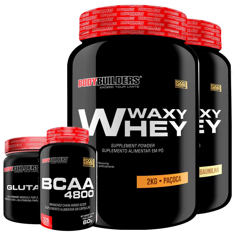 Kit 2x Whey Protein Waxy Whey 2kg + Glutamina 500g + Bcaa 4800 120 cápsulas - Bodybuilders Baunilha e Paçoca