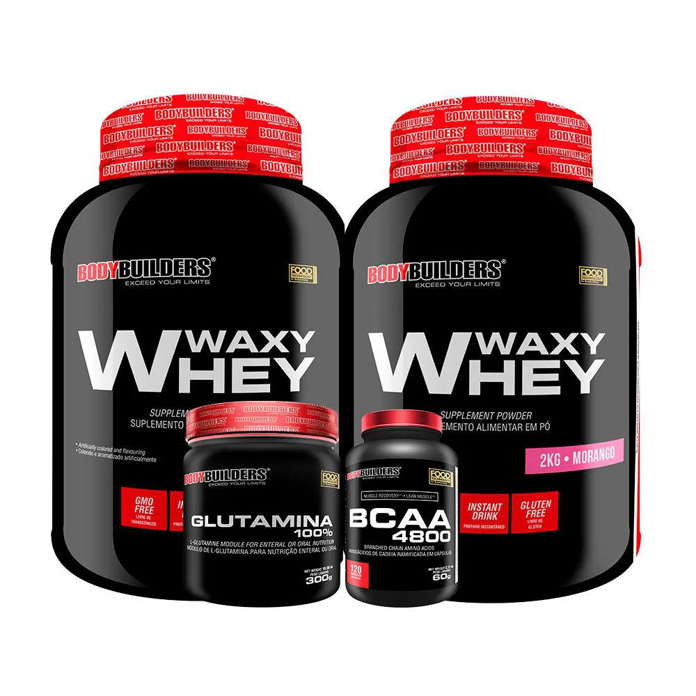 Kit 2x Whey Protein Waxy Whey 2kg + Glutamina 300g + Bcaa 4800 120 cápsulas - Bodybuilders Morango