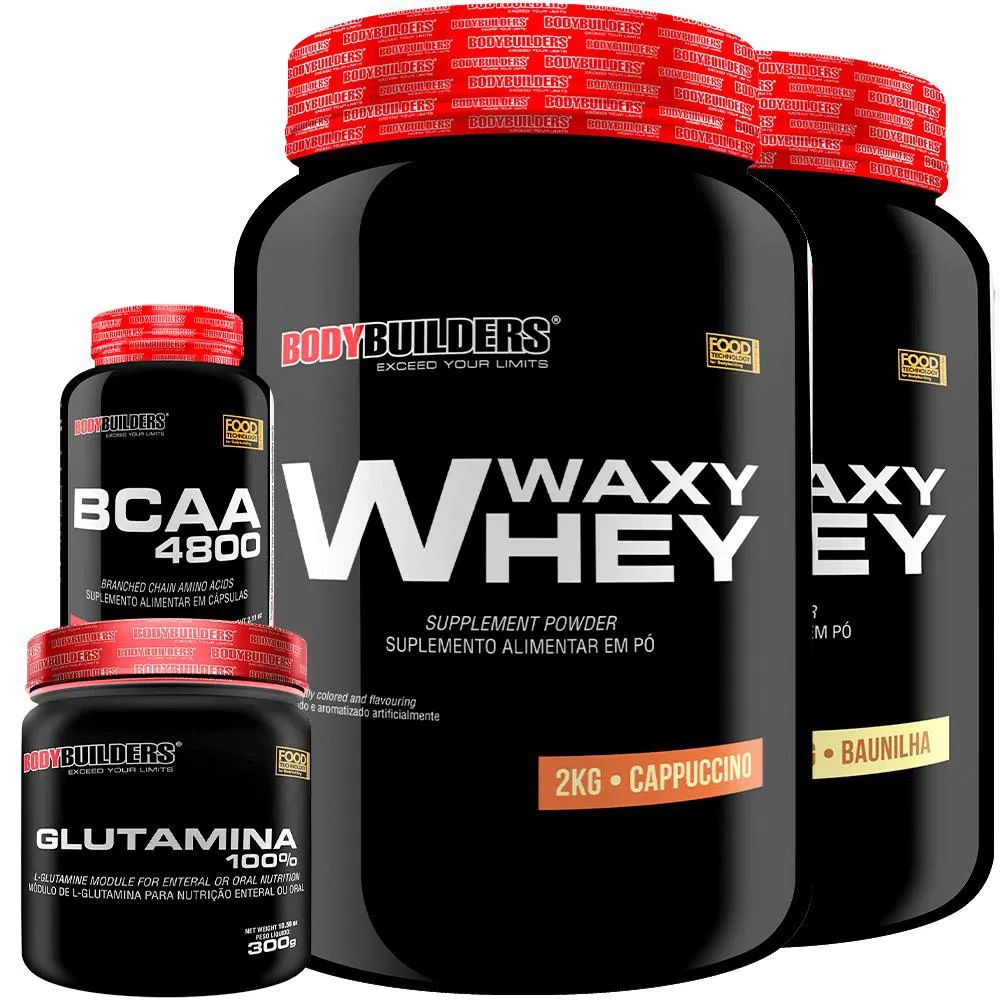 Kit 2x Whey Protein Waxy Whey 2kg + Glutamina 300g + Bcaa 4800 120 cápsulas - Bodybuilders Cappuccino e Baunilha