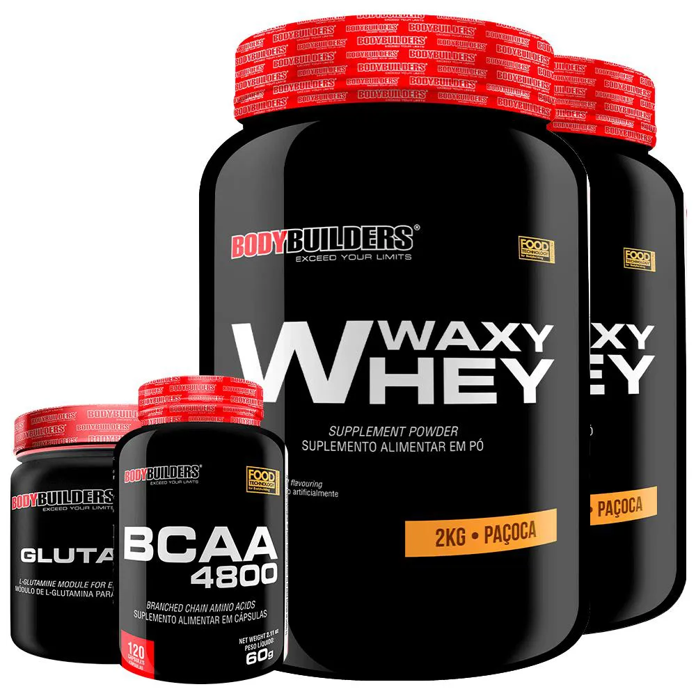 Kit 2x Whey Protein Waxy Whey 2kg + Glutamina 300g + Bcaa 4800 120 cápsulas - Bodybuilders Paçoca