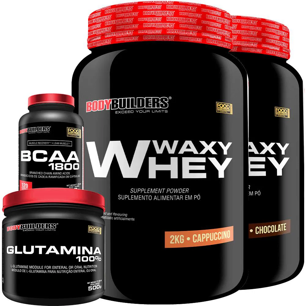 Kit 2x Whey Protein Waxy Whey 2kg + Glutamina 500g + Bcaa 1800 120 cápsulas - Bodybuilders Cappuccino e Chocolate