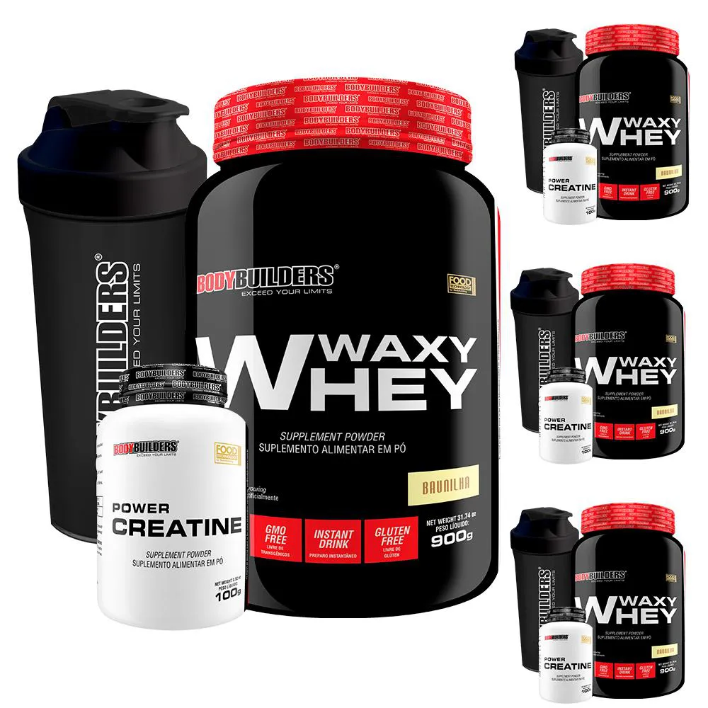 Kit 4x Whey Protein Waxy Whey 900g + 4x Power Creatina 100g + 4x Coqueteleira - Bodybuilders Chocolate