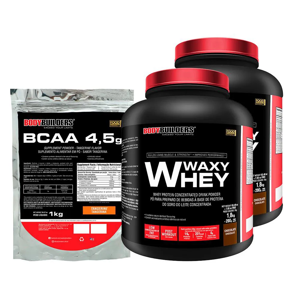 Kit 2x Waxy Whey 2kg + Bcaa 1kg Tangerina - Bodybuilders Chocolate