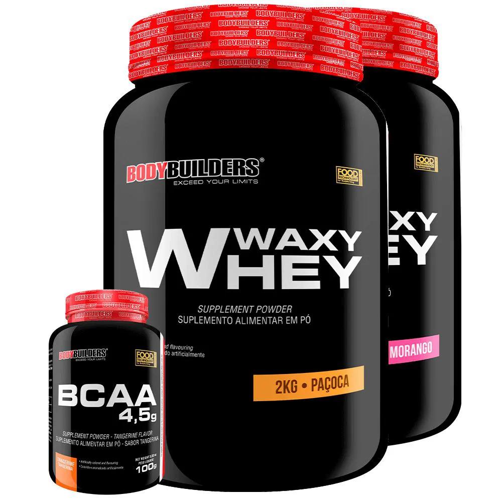 Kit 2x Waxy Whey 2kg + Bcaa 1kg Tangerina - Bodybuilders Morango e Paçoca