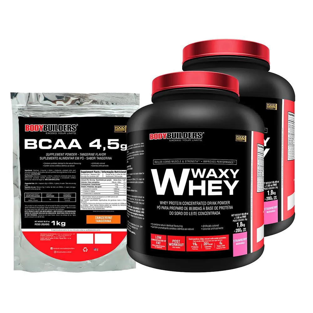 Kit 2x Waxy Whey 2kg + Bcaa 1kg Tangerina - Bodybuilders Morango
