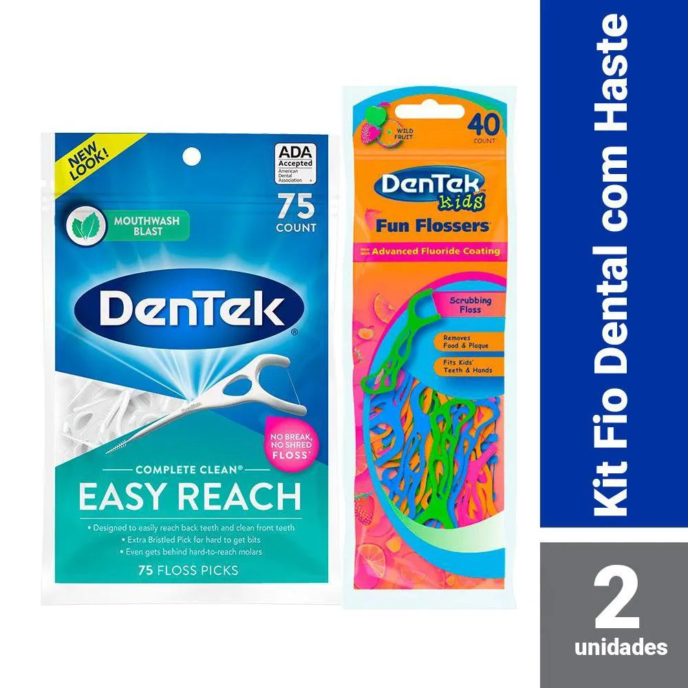 Kit DenTek Fio Dental Floss Picks Clean Easy Reach c/ 75 un + Fio Dental Kids Fun Flossers c/ 40 un