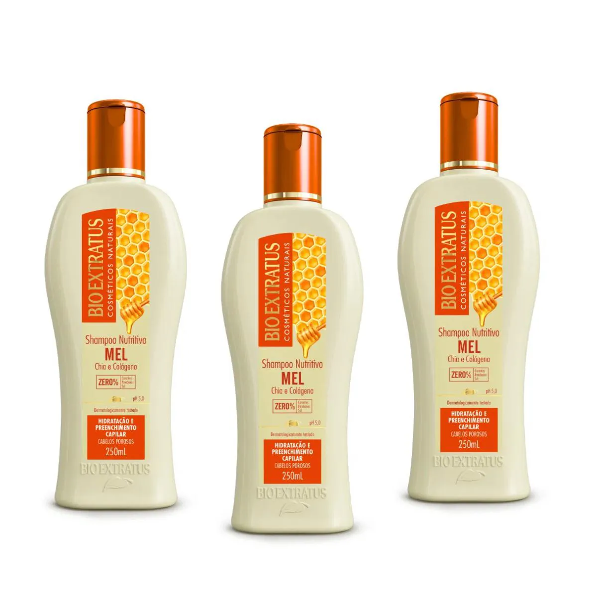 Kit com 3 Shampoo Mel Cabelos Porosos 250ml – Bio Extratus