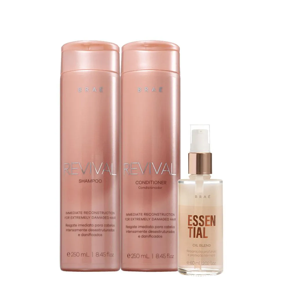 Kit Braé Revival Shampoo Condicionador e Essential Oil Blend (3 Produtos)