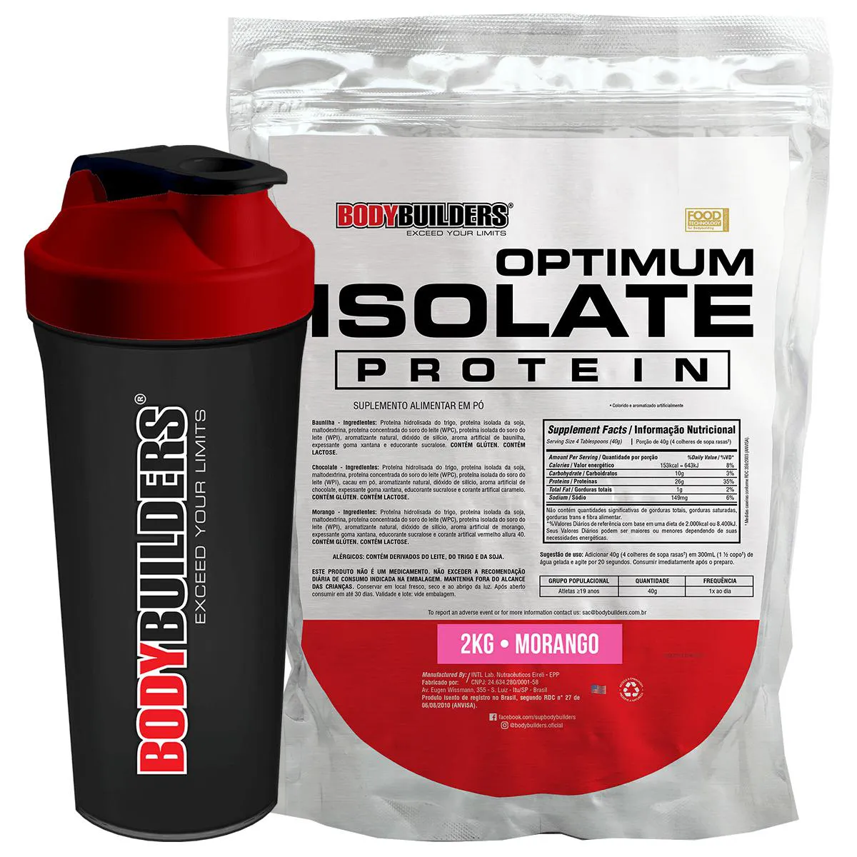 Kit Optimum Isolate Whey Protein 2kg + Coqueteleira - Recuperação Muscular - Bodybuilders Morango