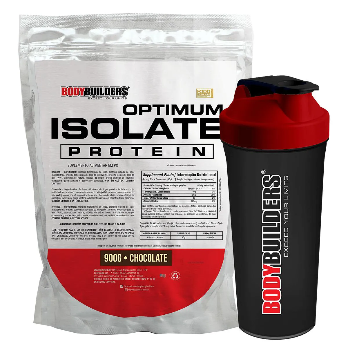 Kit Suplemento em Pó Optimum Isolate Whey Protein 900g + Coqueteleira Shaker 600ml - Força e Resistência - Bodybuilders Chocolate