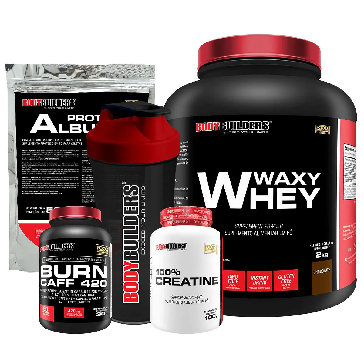 Kit Waxy Whey 2kg + Creatina 100% 100g + Burn Caff 60 cápsulas + Albumina 500g + Coqueteleira - Bodybuilders Chocolate
