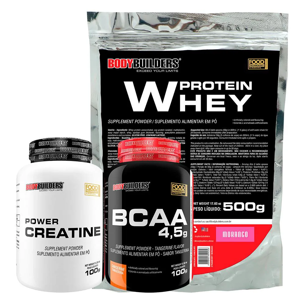 Kit Whey Proten 500g + Bcaa 100g+ Power Creatina 100g - Bodybuilders Morango