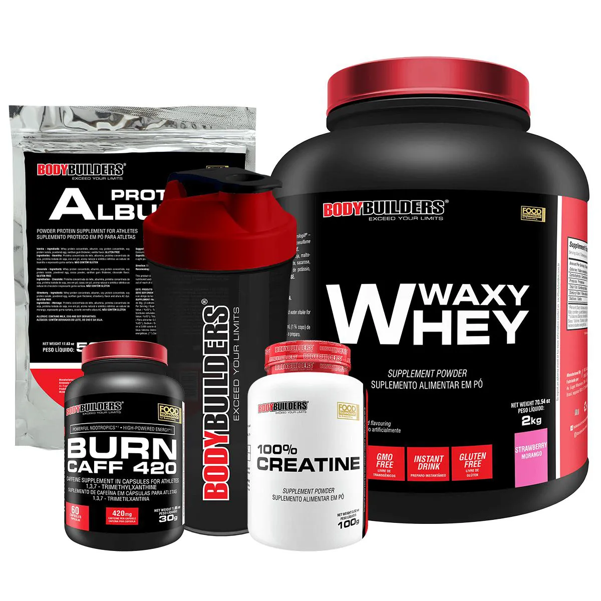 Kit Waxy Whey 2kg + Creatina 100% 100g + Burn Caff 60 cápsulas + Albumina 500g + Coqueteleira - Bodybuilders Morango