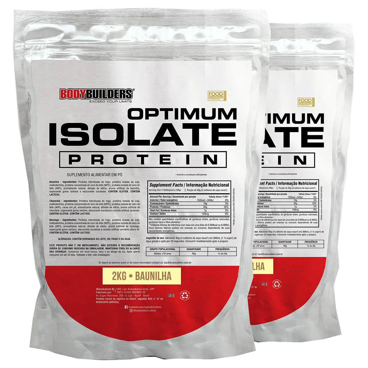Kit 2x Whey Protein Optimum Isolate Refil 2kg - Kit para Ganho de Massa Muscular e Resistência - Bodybuilders Baunilha