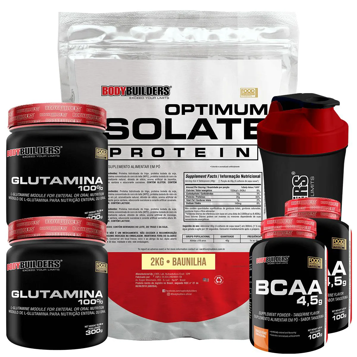 Kit Optimum Isolate Whey Protein 2kg + 2x Bcaa 100g + 2x Glutamina 300g + Coqueteleira - Bodybuilders Morango