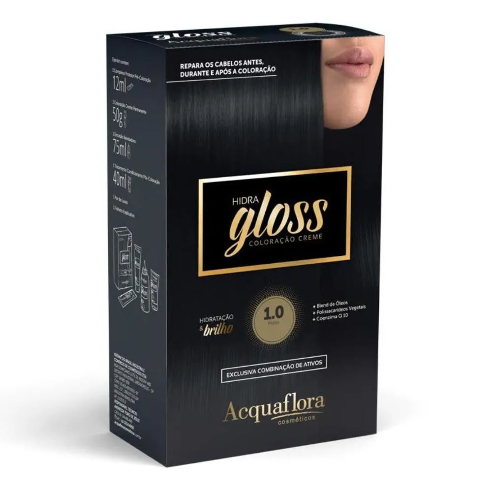 Coloração Creme Acquaflora Kit Hidra Gloss 1.0 Preto
