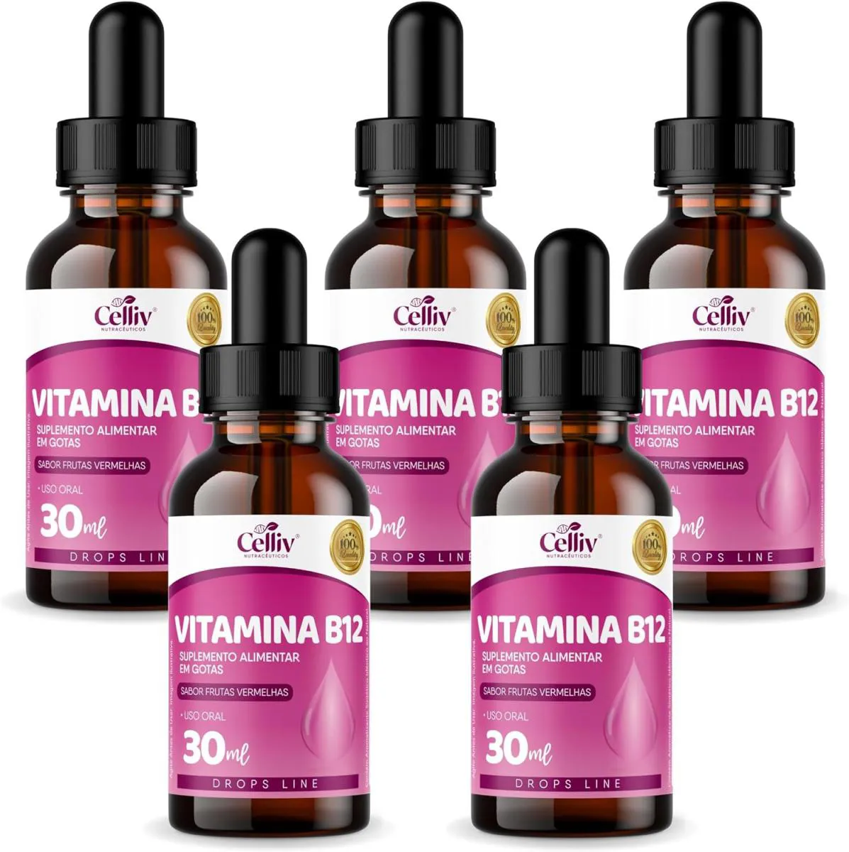 5x Vitamina B12 em Gotas Sabor Frutas Vermelhas 30ml Celliv