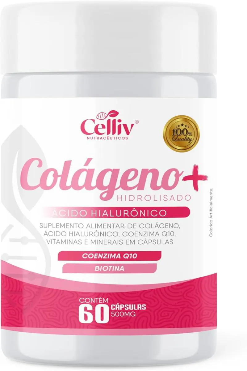 Colágeno Hidrolisado + Ácido Hialurônico + Coenzima Q10 + Biotina e Vitams 60 cápsulas Celliv