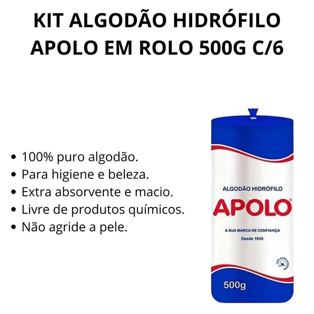 Kit Algodão Hidrófilo Apolo em Rolo 500g C/6