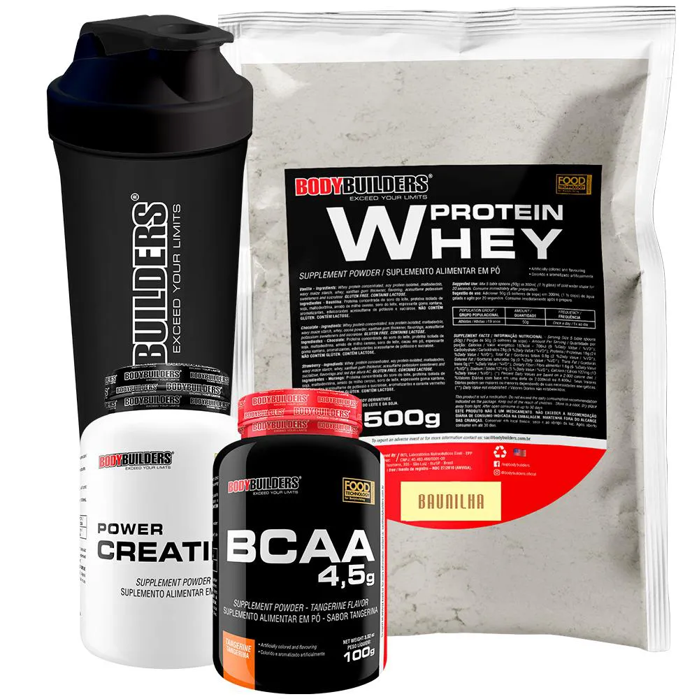 Kit Whey Protein 500g + Bcaa 4,5 100g + Power Creatine 100g + Coqueteleira – Bodybuilders Baunilha
