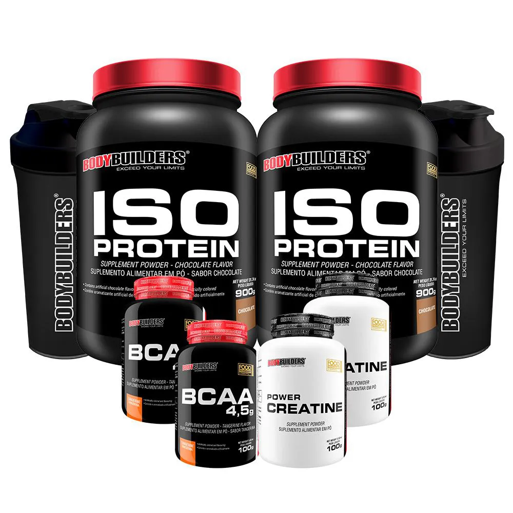 Kit 2x Iso Protein 900g + 2x Bcaa 4.5 100g + 2x Power Creatina 100g + 2x Coqueteleira - Bodybuilders Chocolate