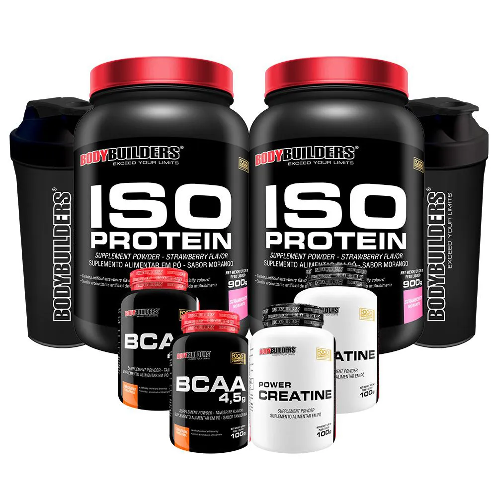 Kit 2x Iso Protein 900g + 2x Bcaa 4.5 100g + 2x Power Creatina 100g + 2x Coqueteleira - Bodybuilders Morango