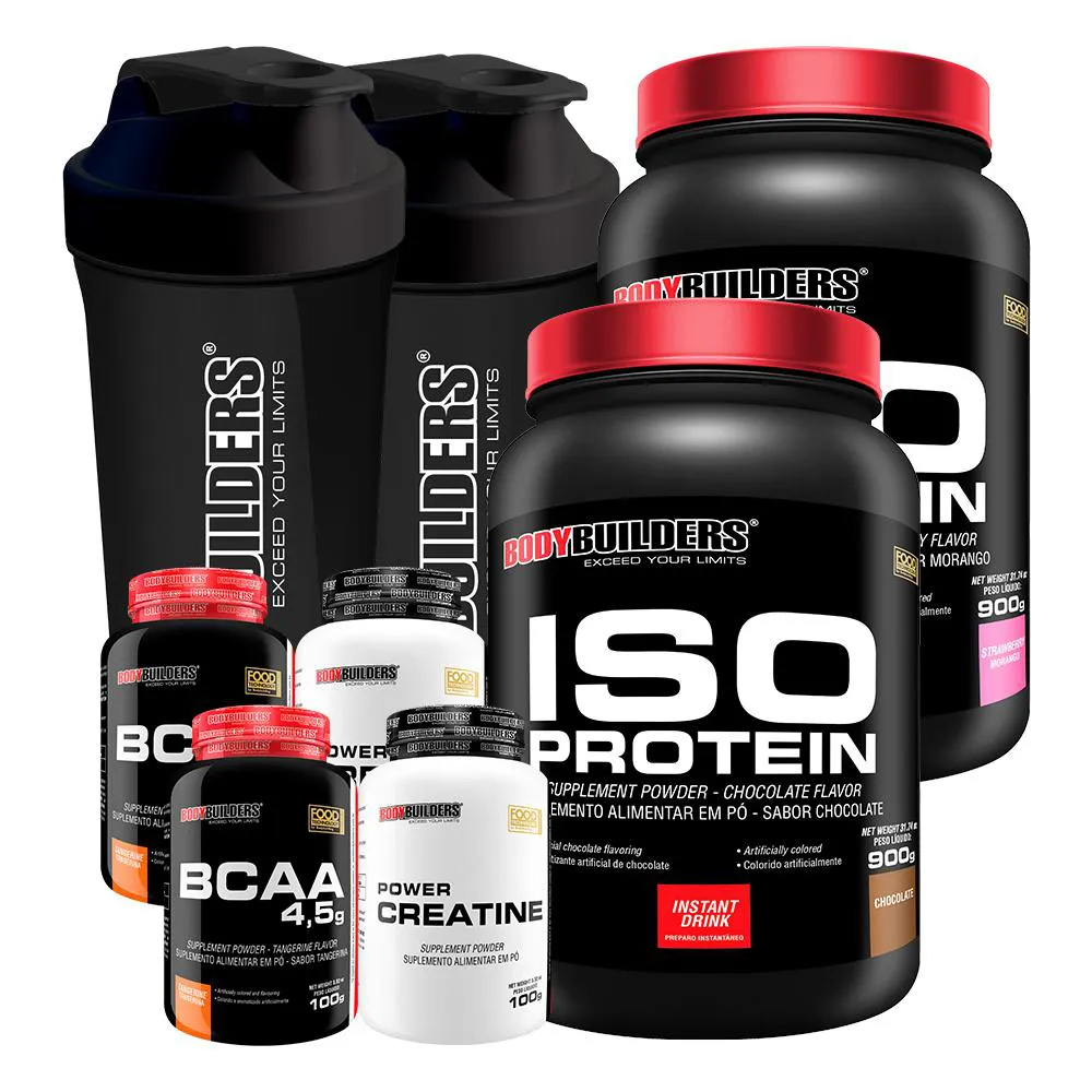 Kit 2x Iso Protein 900g + 2x Bcaa 4.5 100g + 2x Power Creatina 100g + 2x Coqueteleira - Bodybuilders Morango e Chocolate