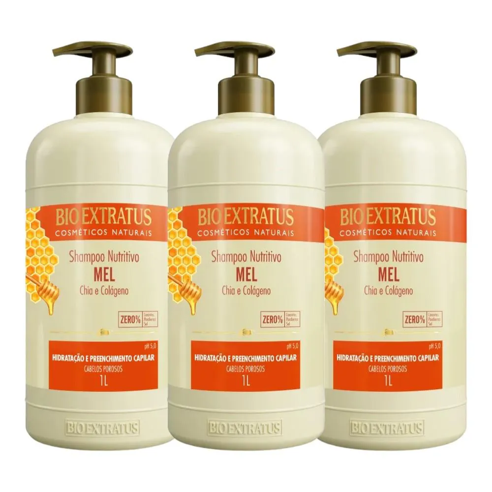 Kit 3 Shampoo Mel Nutritivo 1L Bio Extratus