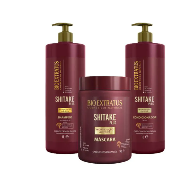 Kit 1 Shampoo 1 Condicionador 1 Banho de Creme Limpeza Nutritiva Shitake 1L