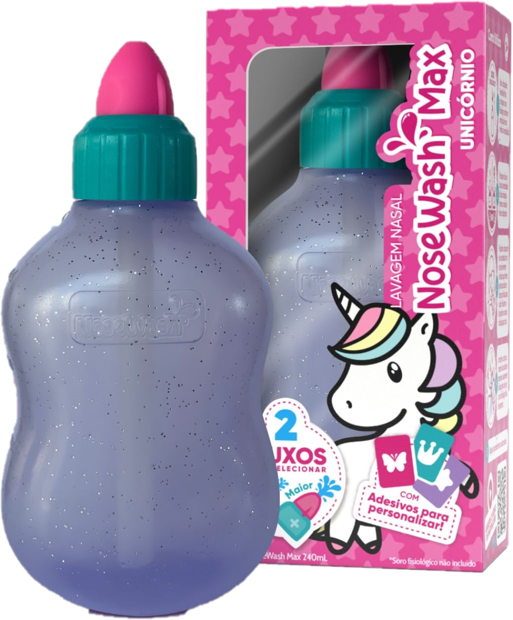 Dispositivo de Lavagem Nasal Nosewash Max Unicórnio 240ml + Adesivos para Personalizar
