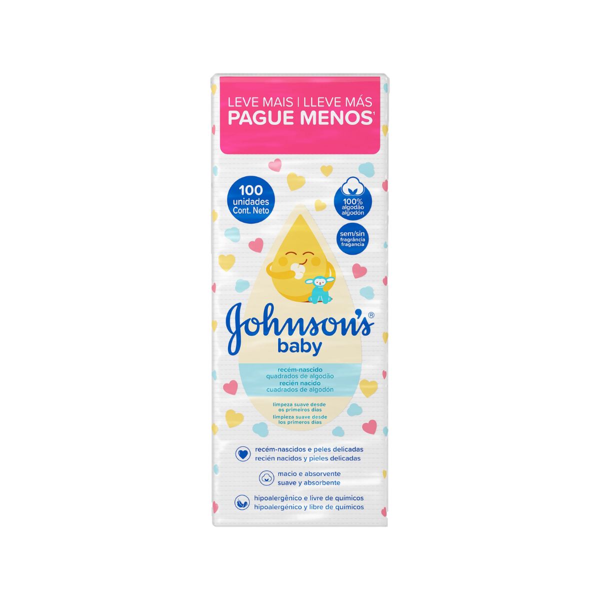 Algodão Quadrado Sem Perfume Johnsons Baby 100 Unidades