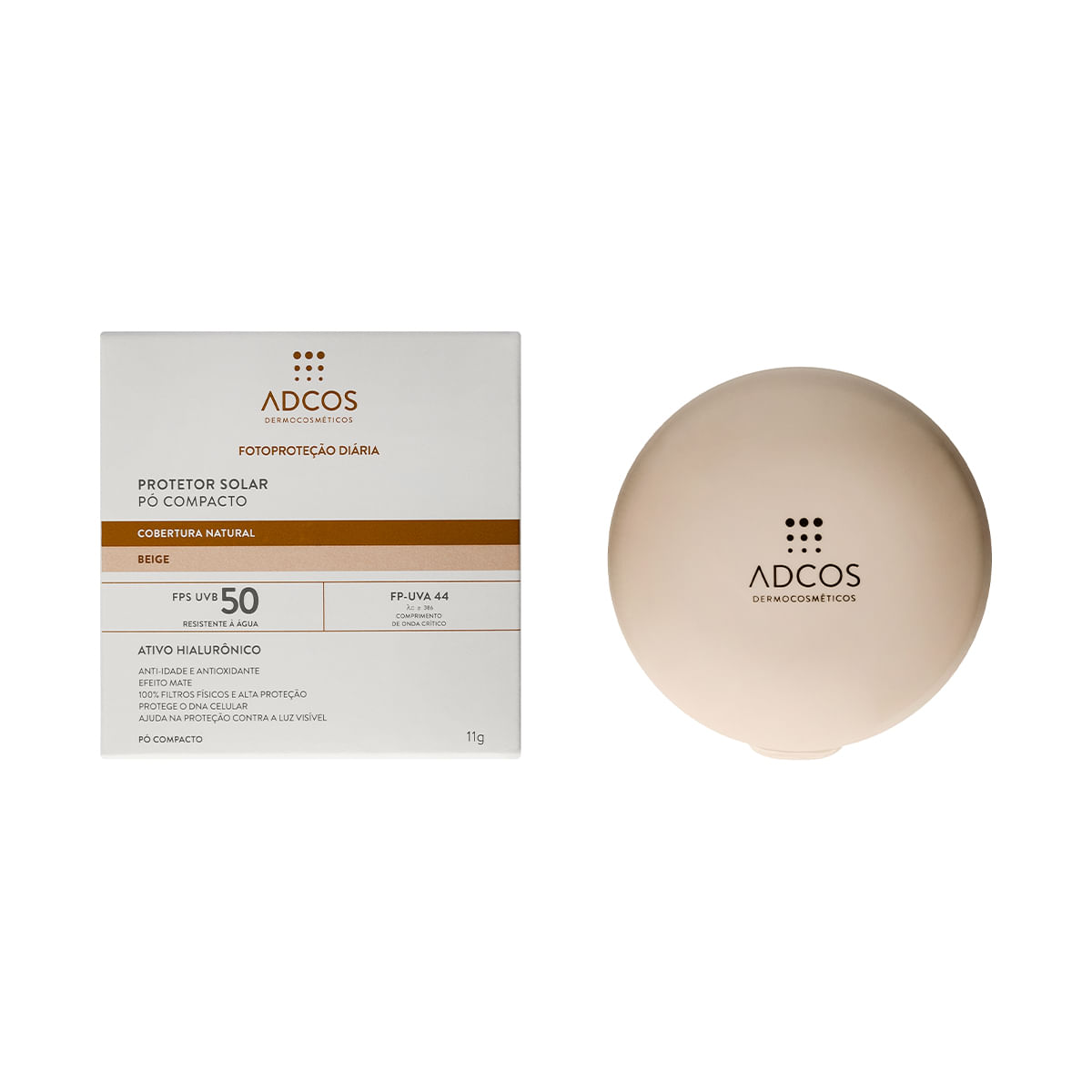 Protetor Solar Facial Adcos FPS50 Ácido Hialurônico Pó Compacto Cor Beige 11g