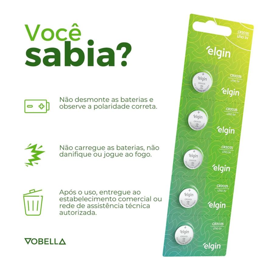 5 Baterias Pilha Moeda Cr2025 3v Blister Cartela Elgin