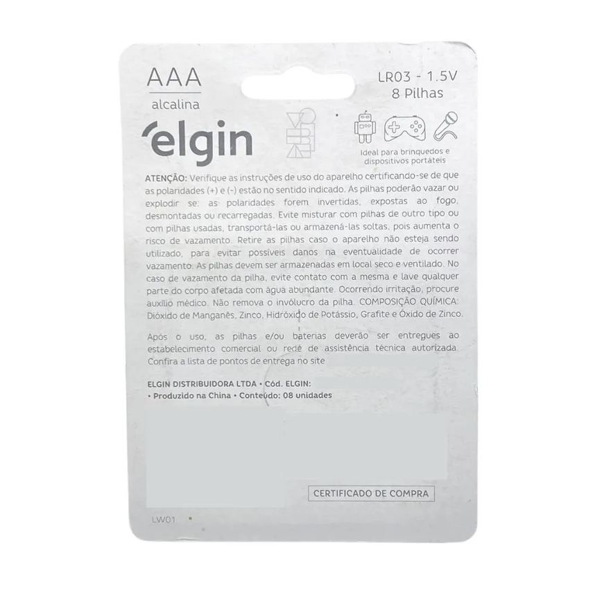 Pilha Alcalina Aaa Palito 1,5v LR03 Blister 8 Unidades Elgin