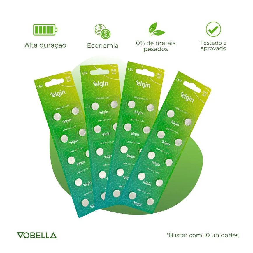 10 Baterias Pilha Botão Lr43 1,5V Ag12 1 Cartela Elgin