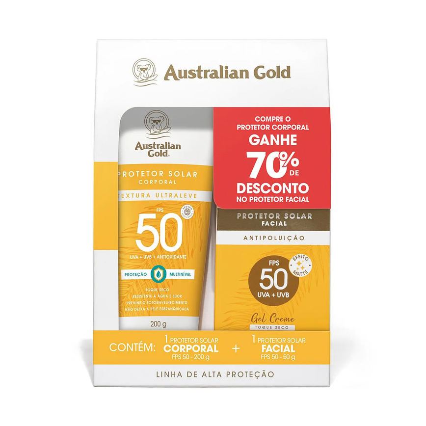 Kit Australian Gold Alta Proteção FPS 50 Protetor Solar Corporal Ultraleve 200g + Facial Gel Creme Antipoluição 50g
