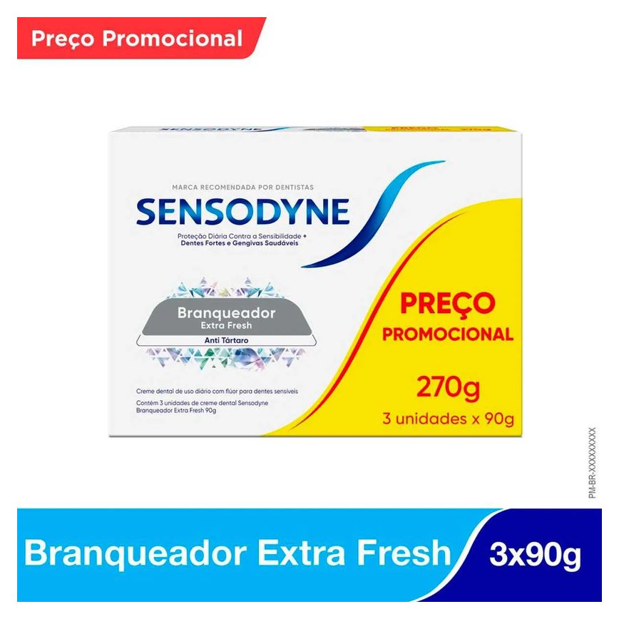 Creme Dental Sensodyne Branqueador Extra Fresh Antitártaro 90g 3 unidades