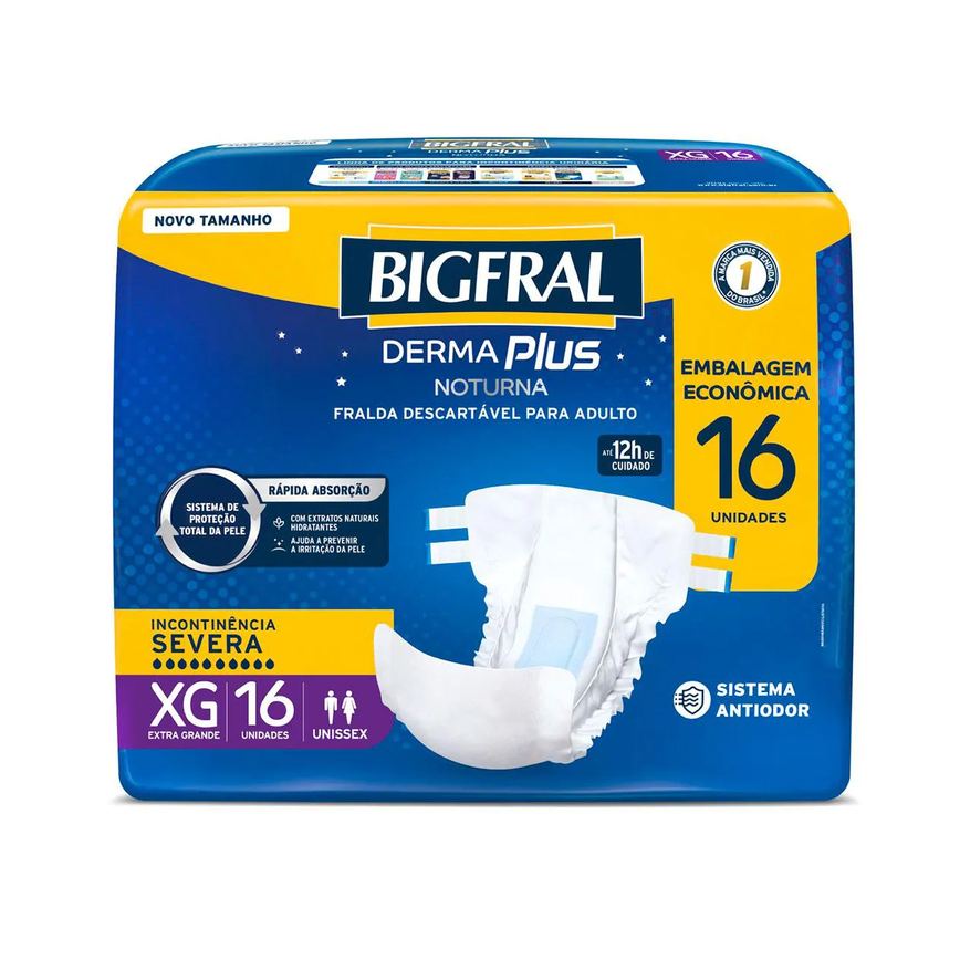 Fralda Geriátrica Unissex Bigfral Derma Plus Noturna XG Absorção Intensa 16 unidades