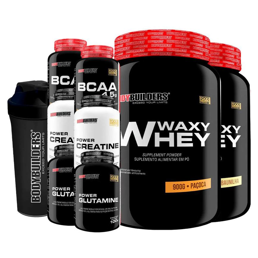 Kit 2x Waxy Whey 900g + 2x Bcaa 100g + 2x Power Creatina 100g + 2x Power Glutamina + Coq - Bodybuilders Baunilha e Paçoca