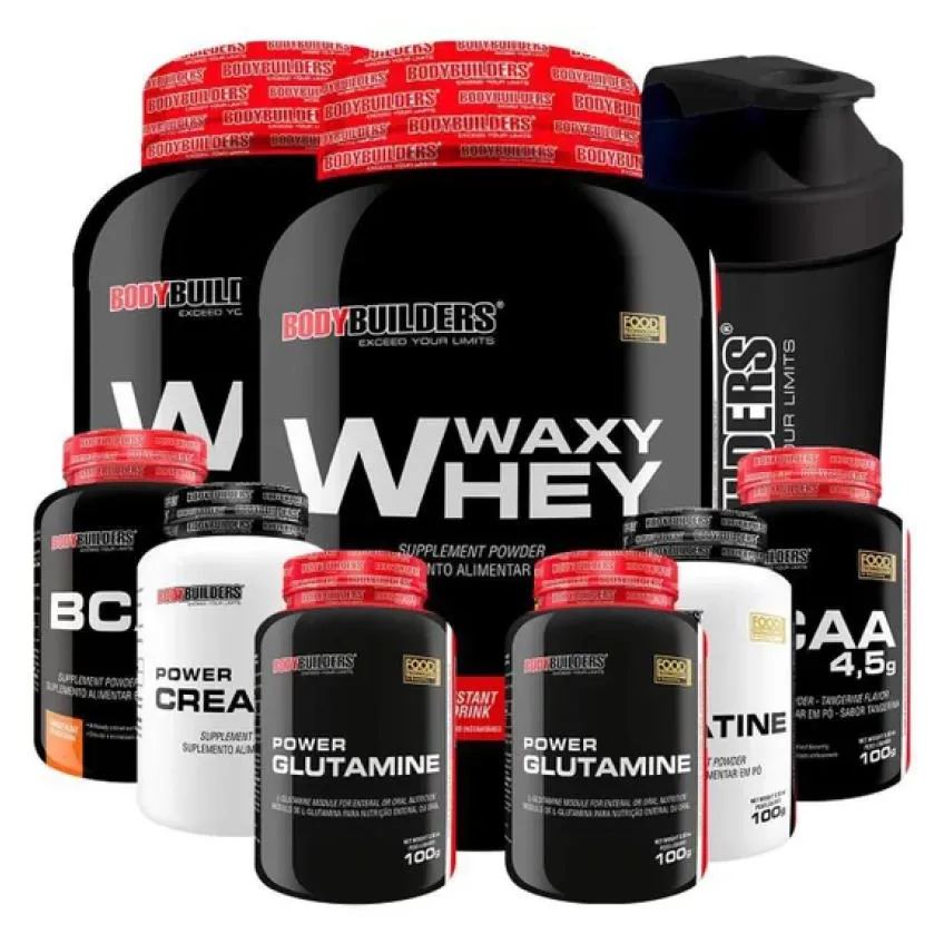 Kit 2x Waxy Whey 900g + 2x Bcaa 100g + 2x Power Creatina 100g + 2x Power Glutamina + Coq - Bodybuilders Morango e Cappuccino